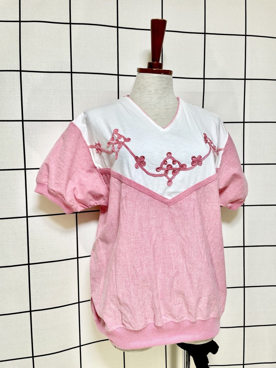画像3: フロントブレード装飾 ピンク ホワイト レトロ USA古着 シャツ ヴィンテージトップス (3)