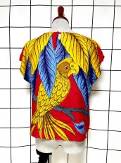 画像2: 鳥柄 リーフ レッド レトロ USA古着 半袖 シャツ ヴィンテージトップス (2)