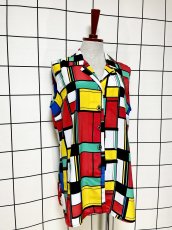 画像4: カラフル模様 マルチカラー レトロ USA古着 ノースリーブ ヴィンテージブラウス (4)