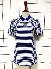 画像1: ボーダー 刺繡 ホワイト ネイビー プルオーバー レトロ USA古着 シャツ ヴィンテージトップス (1)