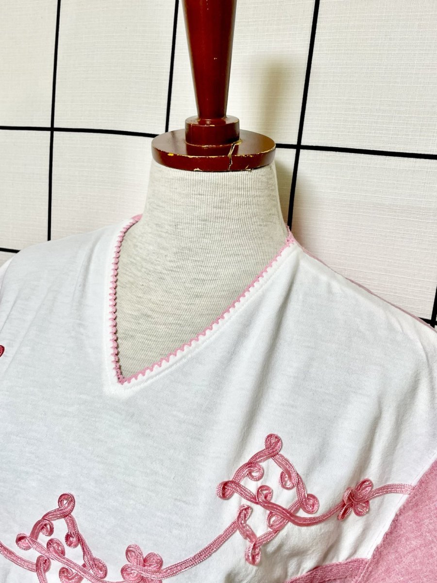 画像4: フロントブレード装飾 ピンク ホワイト レトロ USA古着 シャツ ヴィンテージトップス (4)