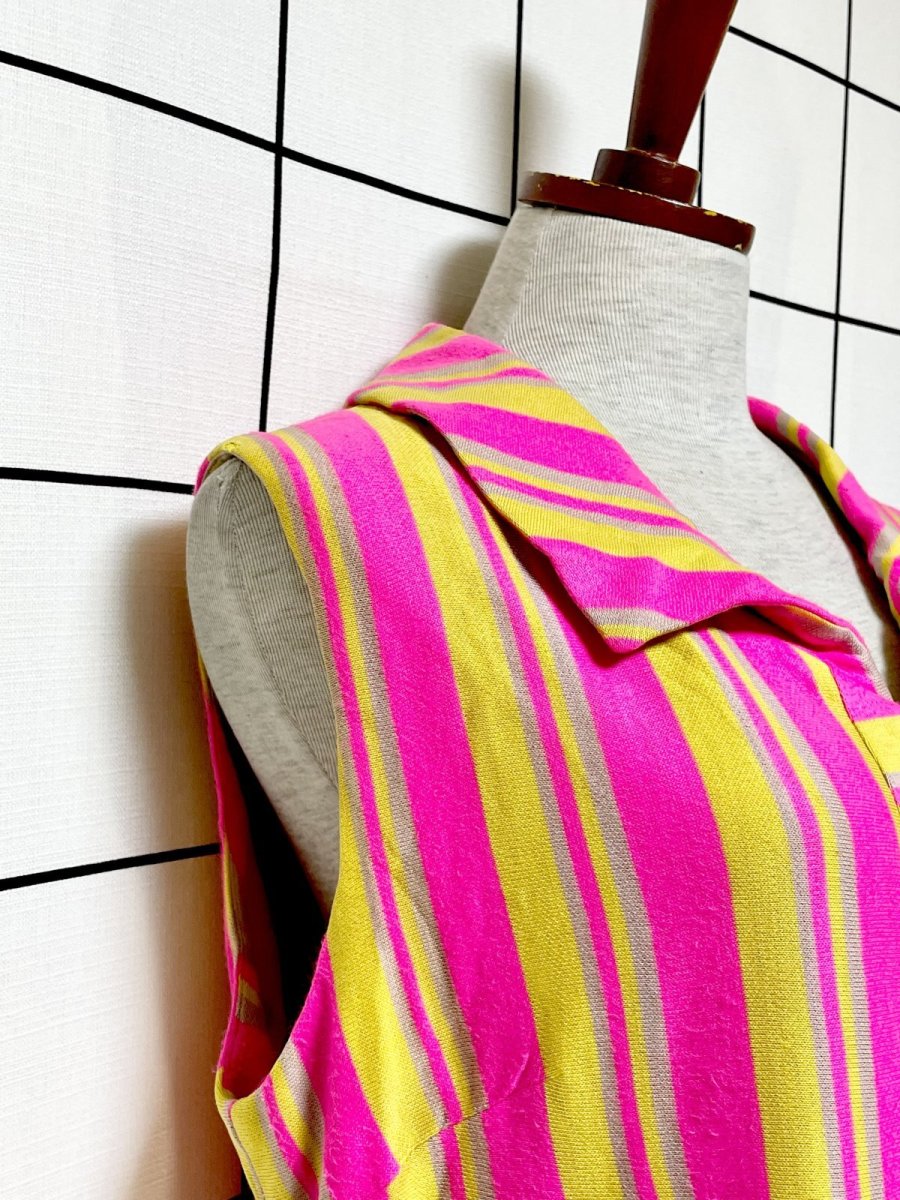 画像6: ストライプ ピンク イエロー ベージュ TALON レトロ USA古着 ヴィンテージワンピース (6)