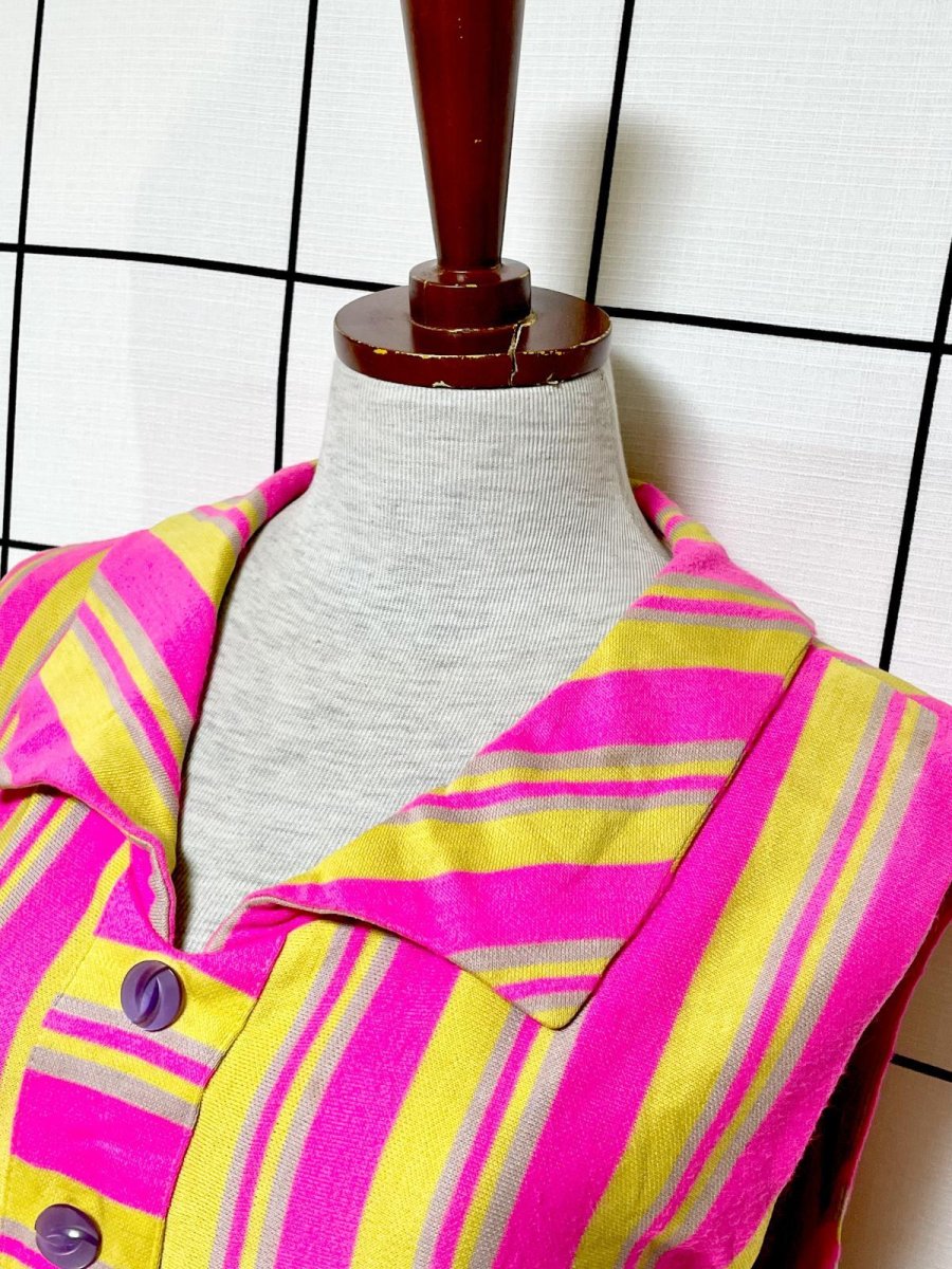 画像4: ストライプ ピンク イエロー ベージュ TALON レトロ USA古着 ヴィンテージワンピース (4)