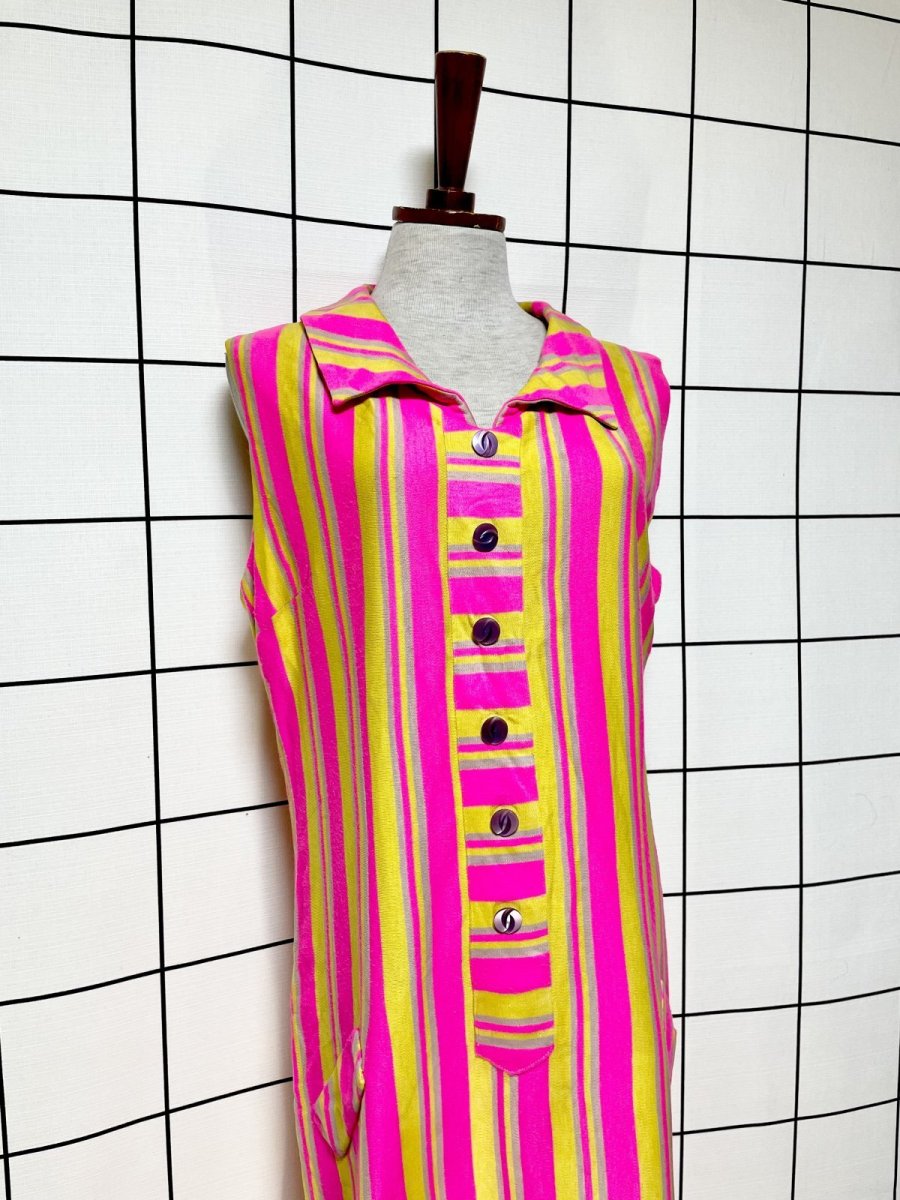画像3: ストライプ ピンク イエロー ベージュ TALON レトロ USA古着 ヴィンテージワンピース (3)