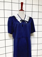 画像3: プリーツ襟 ドット リボン ネイビー ホワイト レトロ USA古着 ヴィンテージワンピース (3)