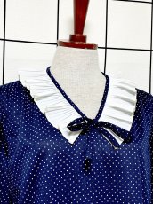 画像5: プリーツ襟 ドット リボン ネイビー ホワイト レトロ USA古着 ヴィンテージワンピース (5)