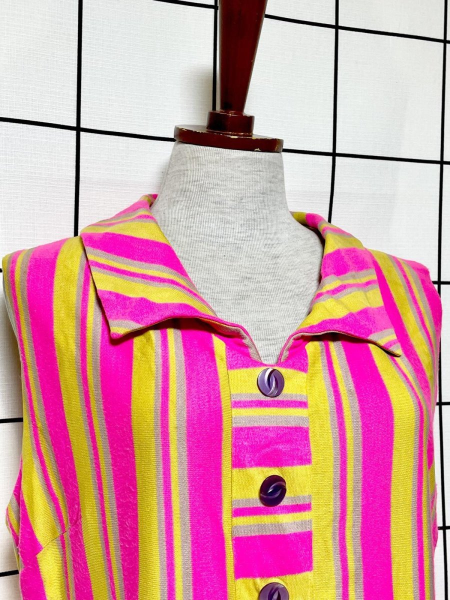 画像5: ストライプ ピンク イエロー ベージュ TALON レトロ USA古着 ヴィンテージワンピース (5)