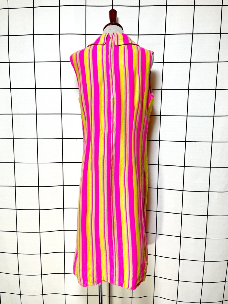 画像2: ストライプ ピンク イエロー ベージュ TALON レトロ USA古着 ヴィンテージワンピース (2)