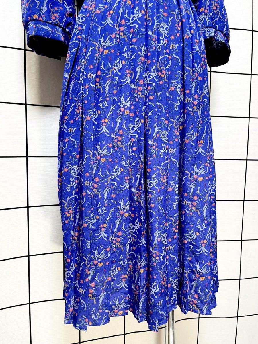 画像9: プリーツ切り替え 花柄 ブルー ウエストゴム レトロ USA古着 ヴィンテージワンピース (9)