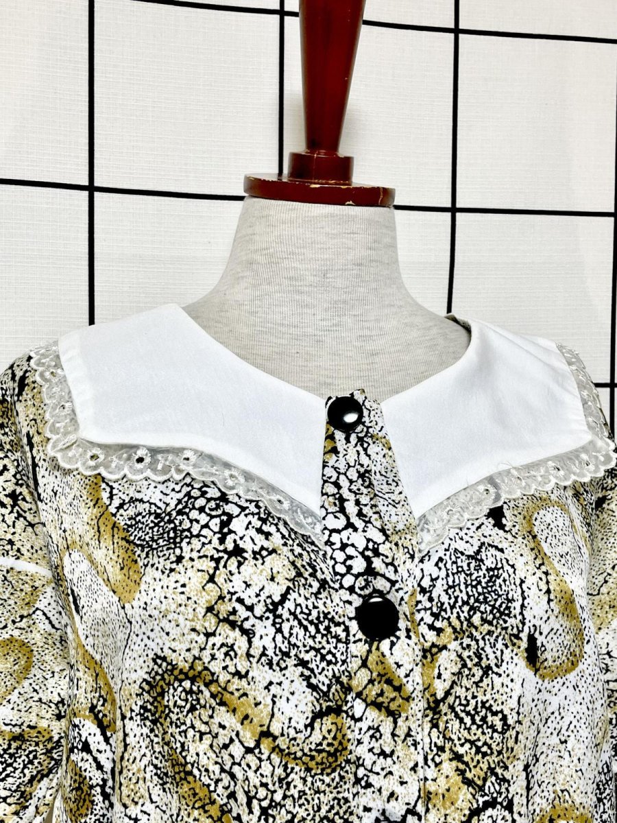 画像5: レース襟 アート柄 ビッグカラー ウエストゴム レトロ USA古着 ヴィンテージワンピース (5)