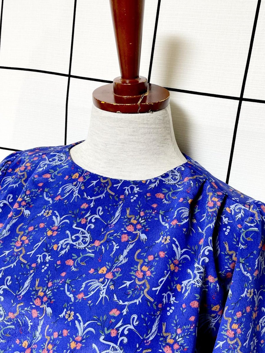 画像5: プリーツ切り替え 花柄 ブルー ウエストゴム レトロ USA古着 ヴィンテージワンピース (5)