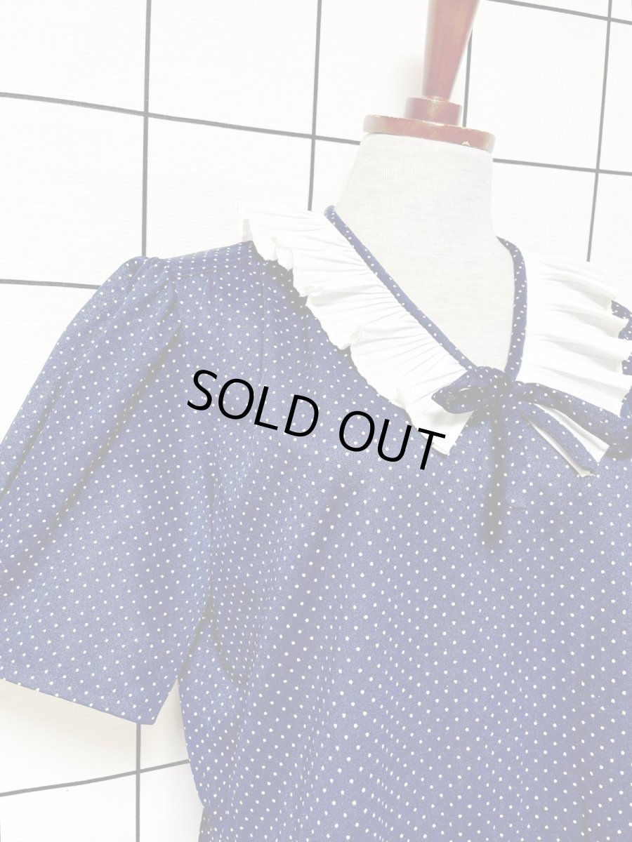 画像6: プリーツ襟 ドット リボン ネイビー ホワイト レトロ USA古着 ヴィンテージワンピース (6)