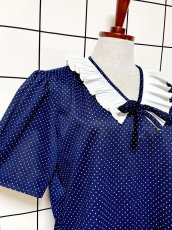 画像6: プリーツ襟 ドット リボン ネイビー ホワイト レトロ USA古着 ヴィンテージワンピース (6)