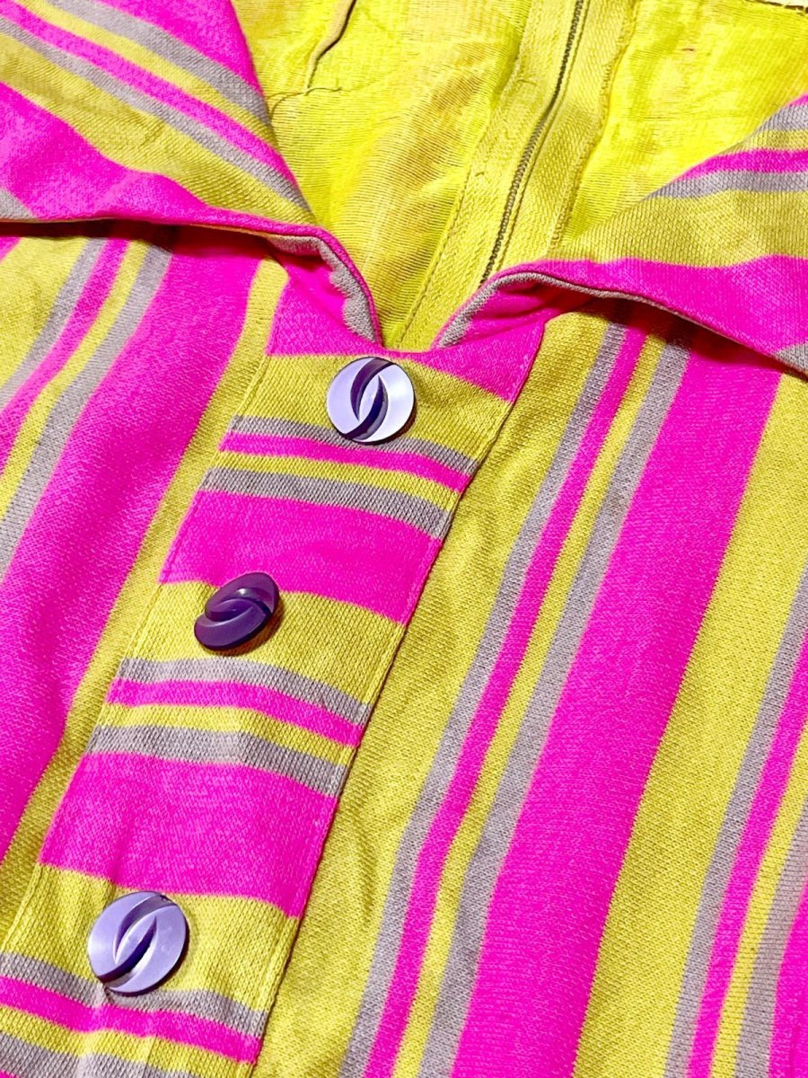 画像9: ストライプ ピンク イエロー ベージュ TALON レトロ USA古着 ヴィンテージワンピース (9)