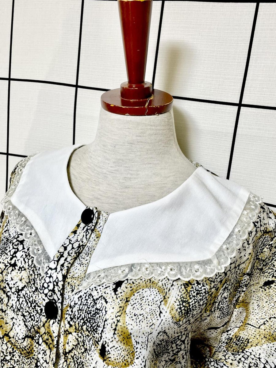 画像4: レース襟 アート柄 ビッグカラー ウエストゴム レトロ USA古着 ヴィンテージワンピース (4)