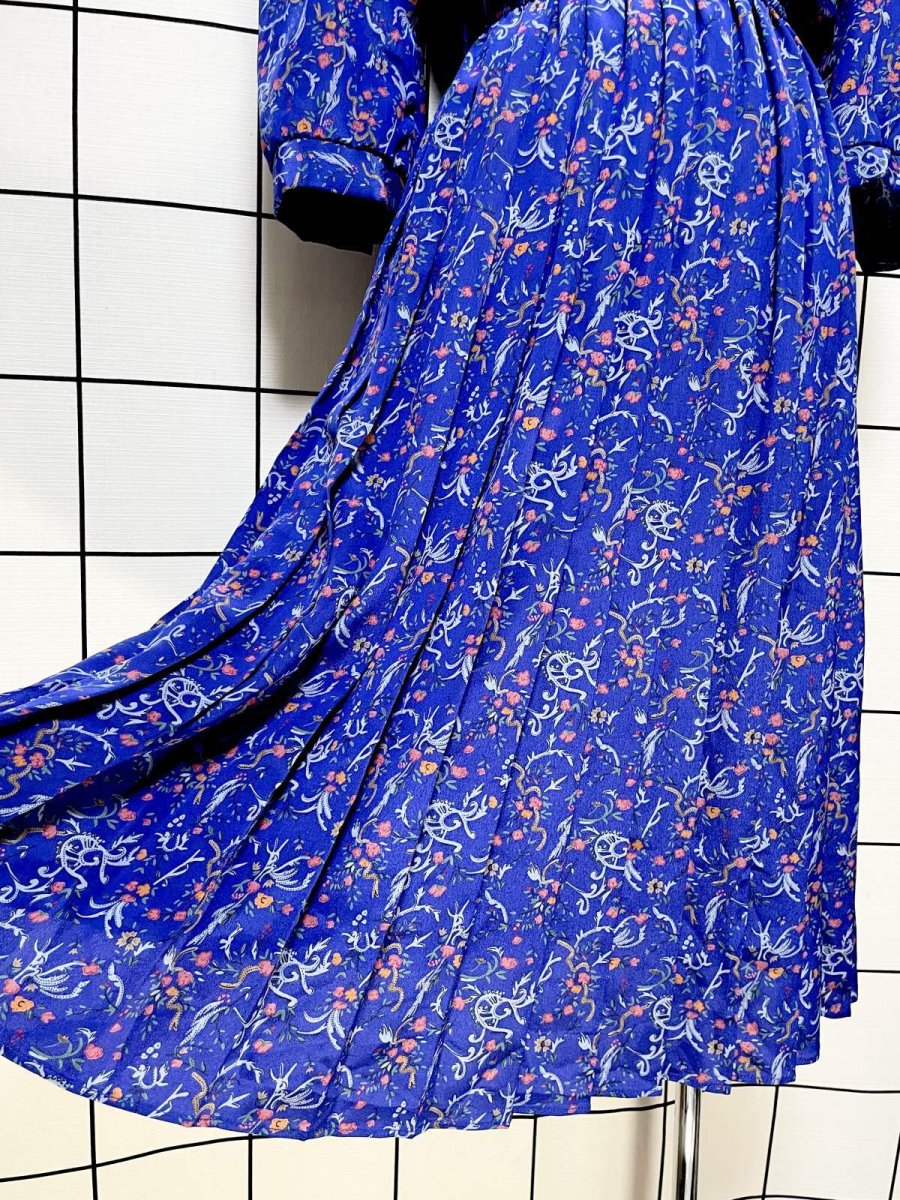 画像10: プリーツ切り替え 花柄 ブルー ウエストゴム レトロ USA古着 ヴィンテージワンピース (10)