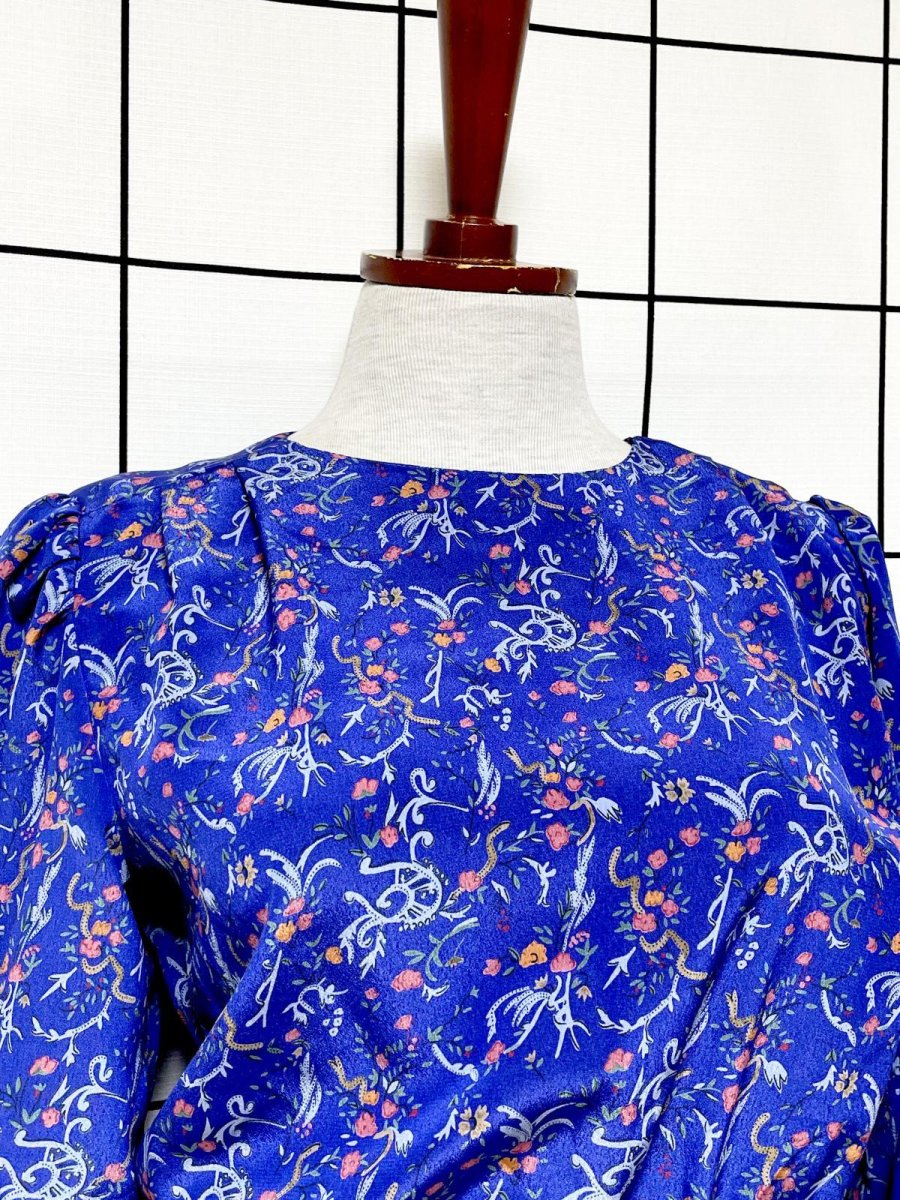 画像6: プリーツ切り替え 花柄 ブルー ウエストゴム レトロ USA古着 ヴィンテージワンピース (6)