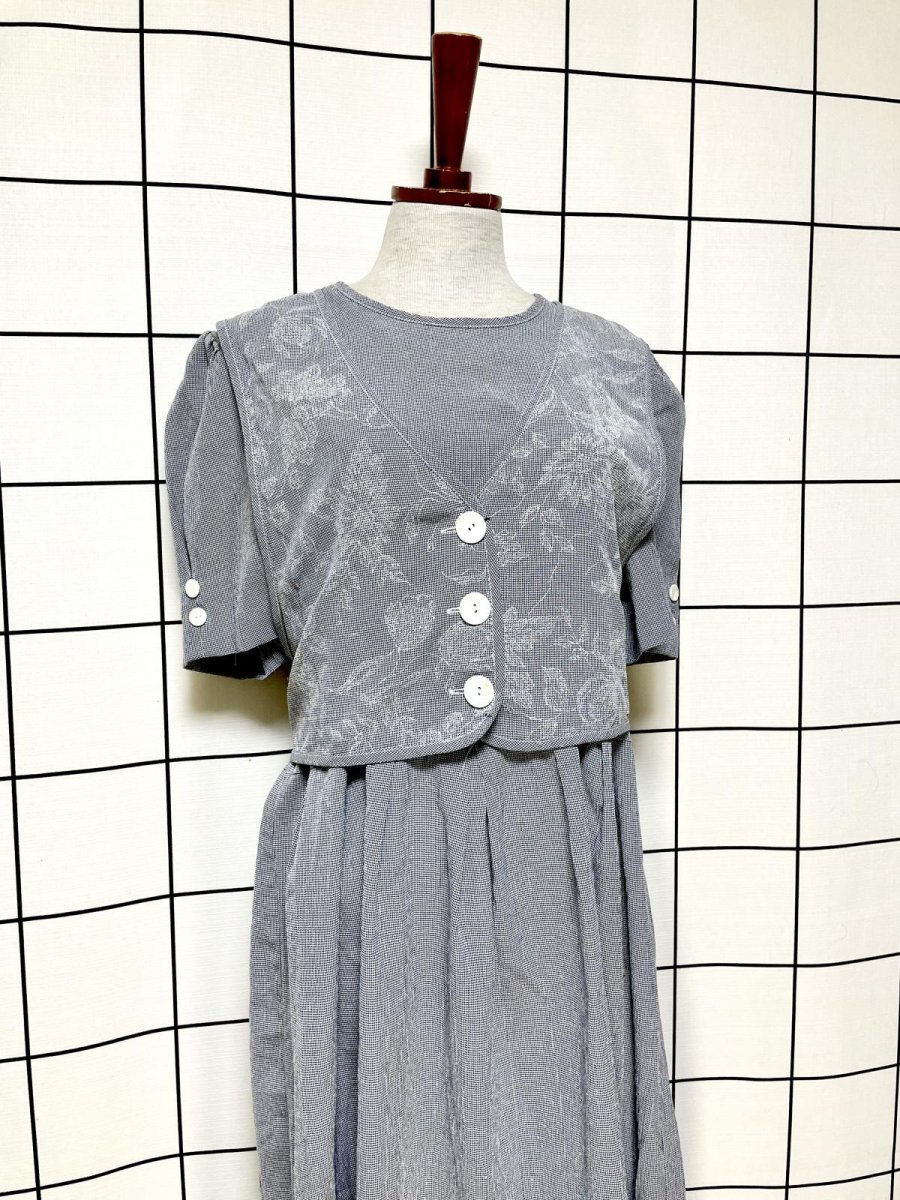 画像5: グレンチェック レイヤード風  バックリボン レトロ USA古着 ヴィンテージワンピース (5)