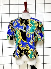 画像1: スカーフ柄 ペプラムシルエット レトロ USA古着 半袖 薄手ヴィンテージジャケット (1)