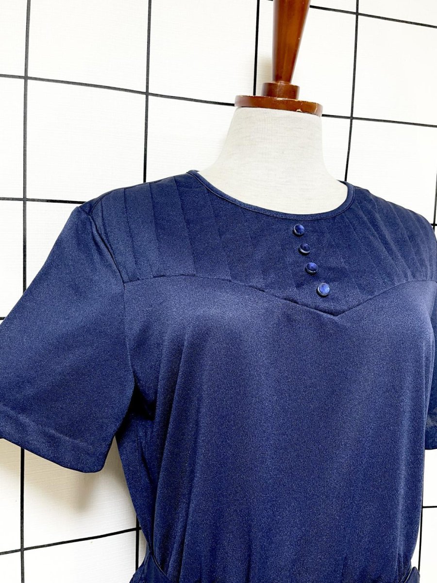 画像6: ベルト付 ネイビー 無地 プリーツ切り替え ウエストゴム レトロ Guatemala 古着 ヴィンテージワンピース (6)