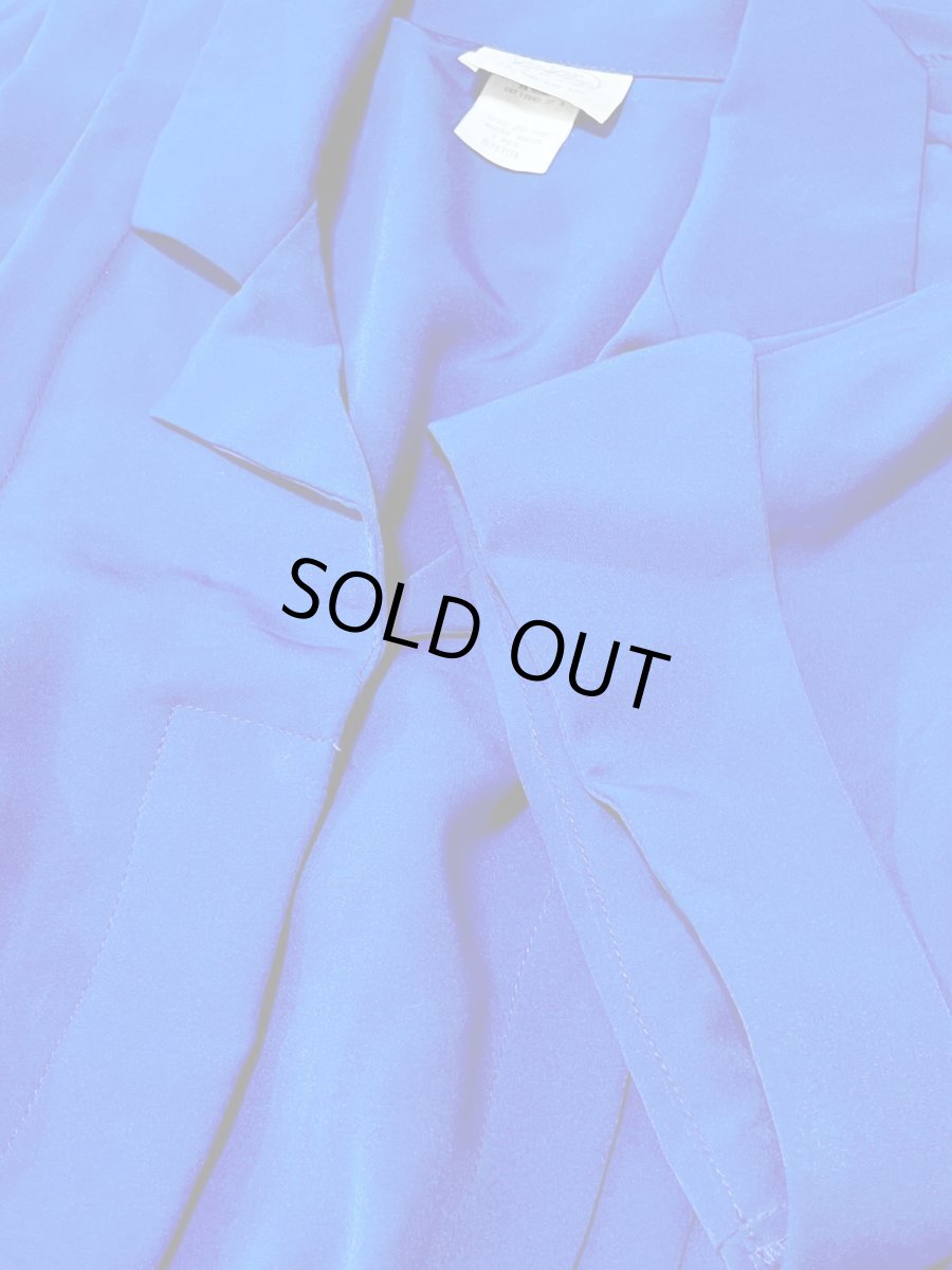 画像9: フロントタック 無地 ブルー ウエストゴム レトロ USA古着 ヴィンテージワンピース (9)