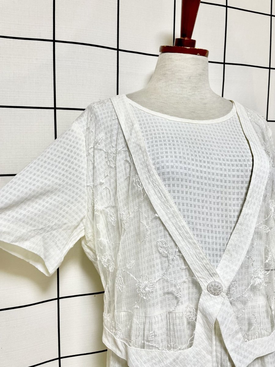 画像7: チェック柄 フラワーレース レイヤード風 ホワイト バックリボン レトロ USA古着 ヴィンテージワンピース (7)