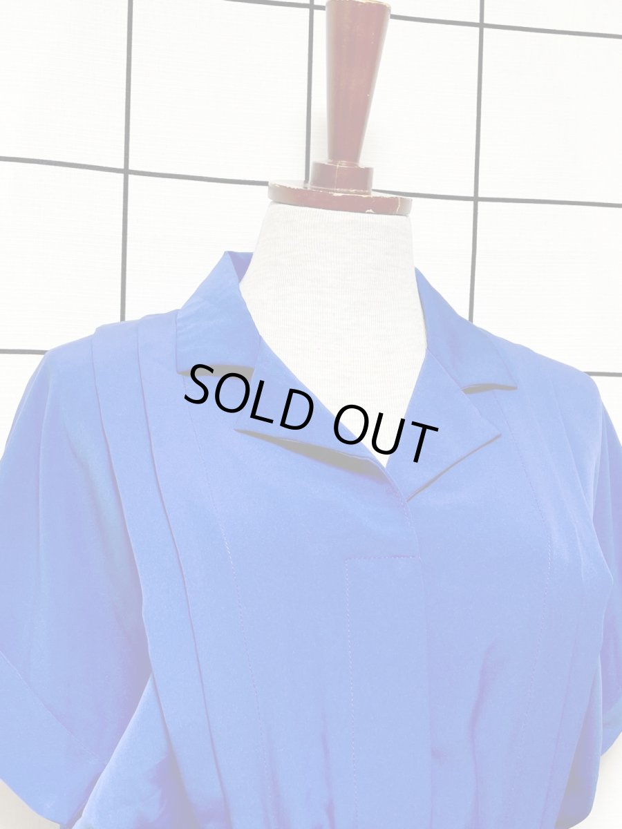 画像5: フロントタック 無地 ブルー ウエストゴム レトロ USA古着 ヴィンテージワンピース (5)