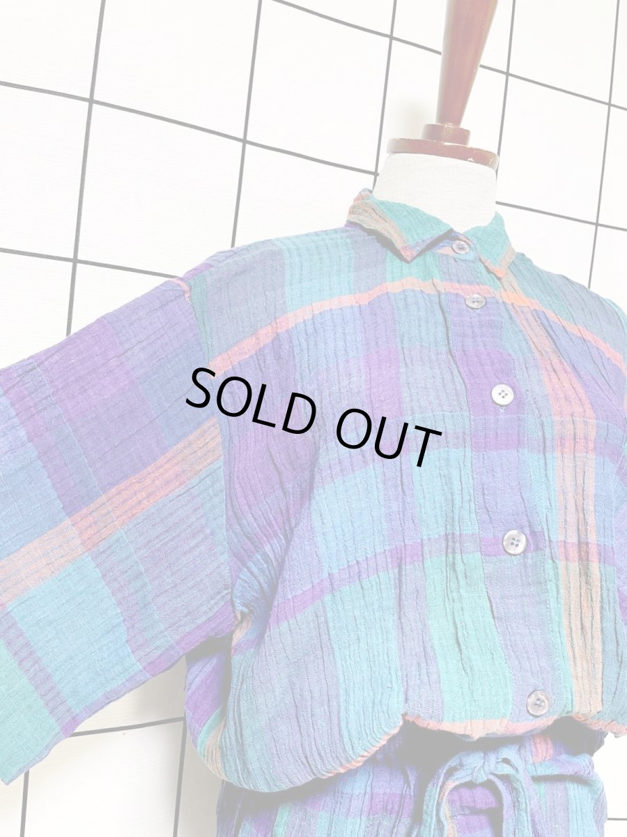 画像6: チェック柄 シワ加工 ウエストゴム レトロ USA古着 ヴィンテージオールインワン (6)