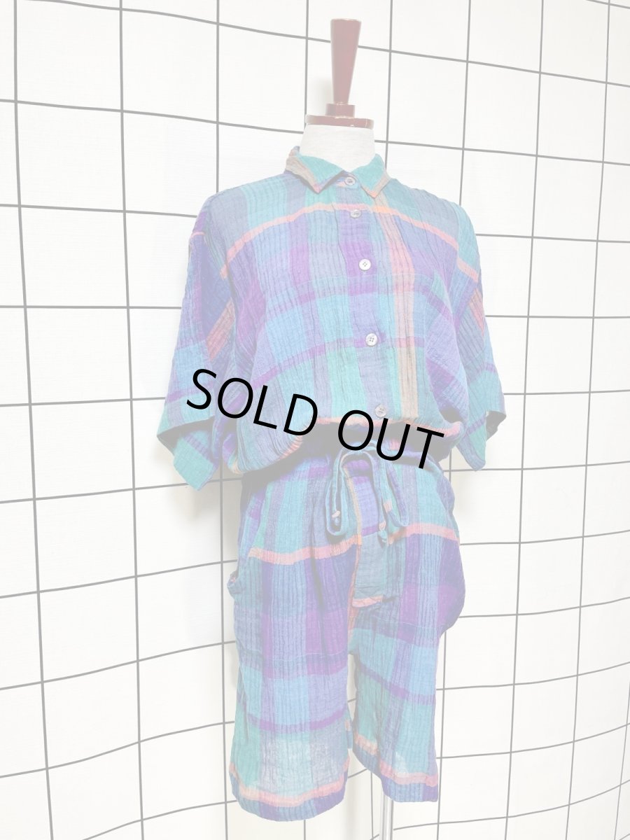 画像3: チェック柄 シワ加工 ウエストゴム レトロ USA古着 ヴィンテージオールインワン (3)