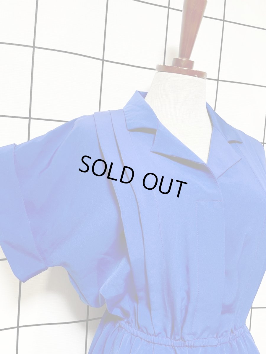 画像6: フロントタック 無地 ブルー ウエストゴム レトロ USA古着 ヴィンテージワンピース (6)