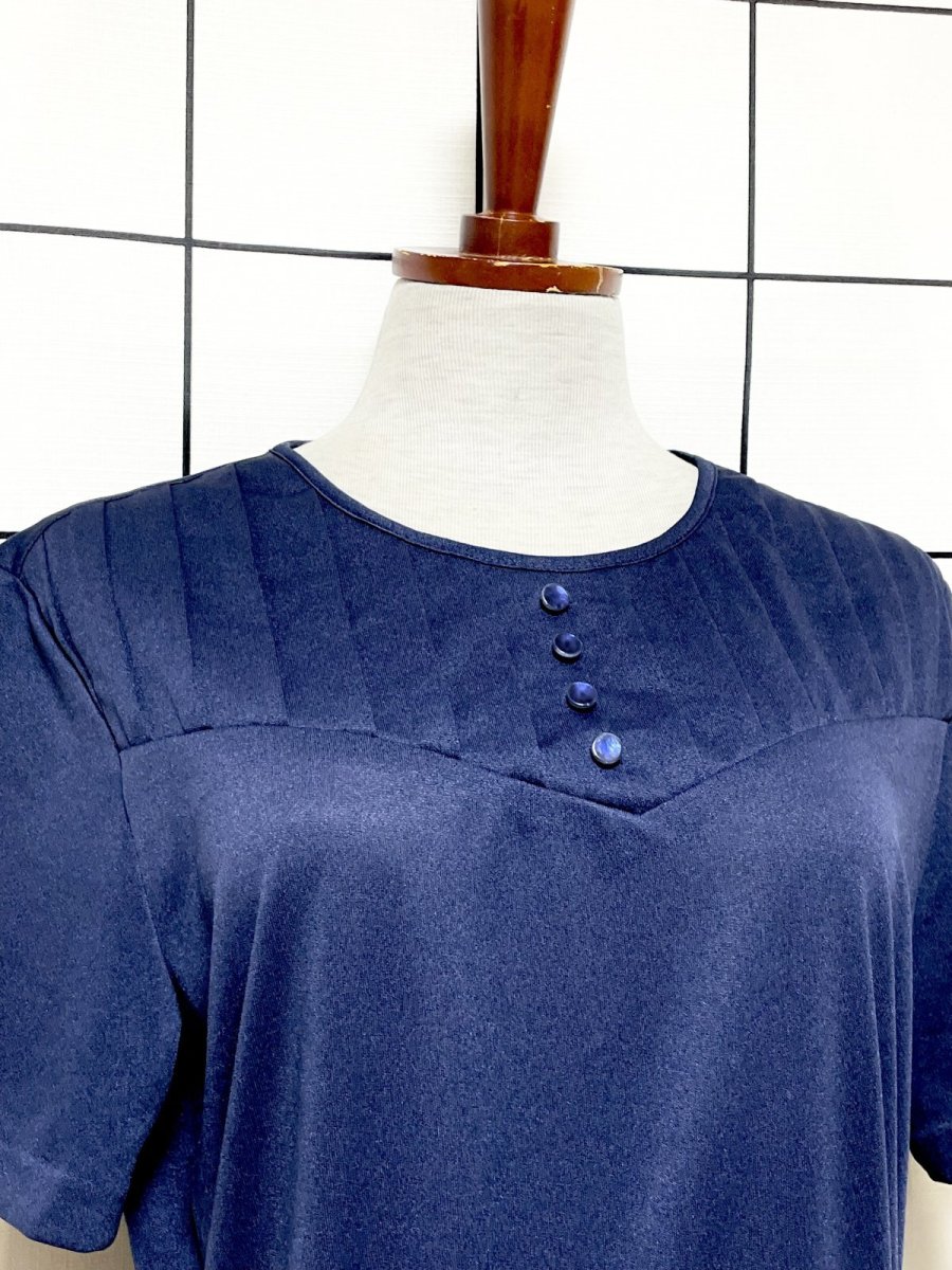 画像5: ベルト付 ネイビー 無地 プリーツ切り替え ウエストゴム レトロ Guatemala 古着 ヴィンテージワンピース (5)