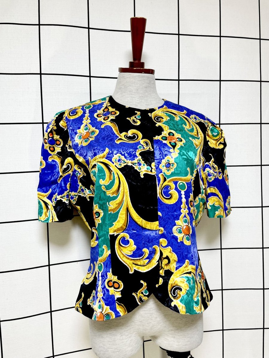 画像3: スカーフ柄 ペプラムシルエット レトロ USA古着 半袖 薄手ヴィンテージジャケット (3)