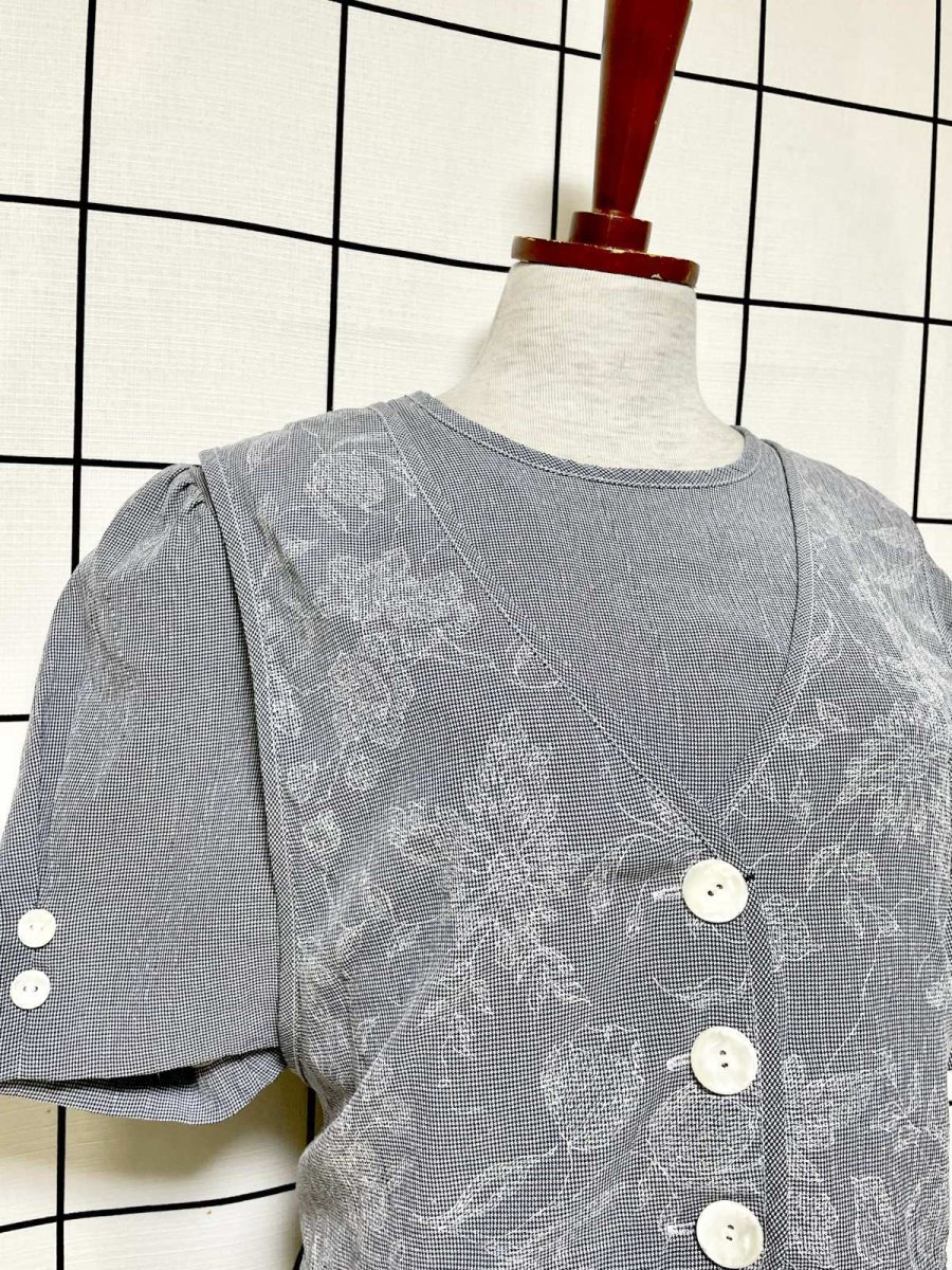 画像8: グレンチェック レイヤード風  バックリボン レトロ USA古着 ヴィンテージワンピース (8)