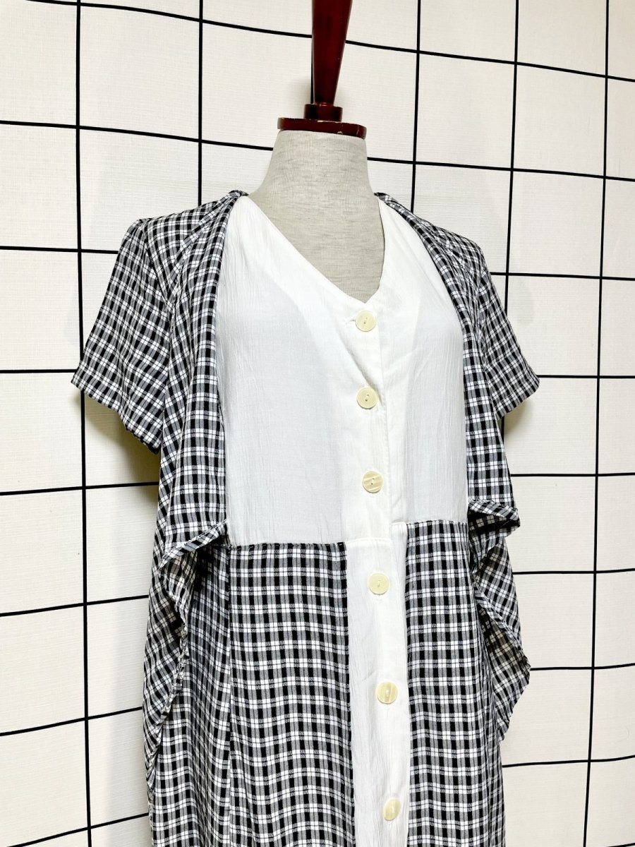 画像11: フランス古着 チェック柄 モノトーン 前開き レイヤード風 リボン レトロ ヨーロッパ ヴィンテージワンピース (11)