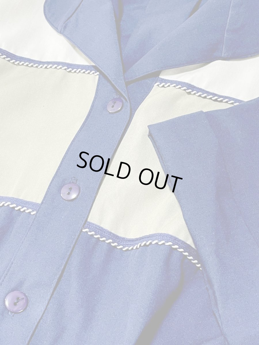 画像11: ネイビー ブレード装飾 ウエストゴム レトロ USA古着 ヴィンテージワンピース (11)