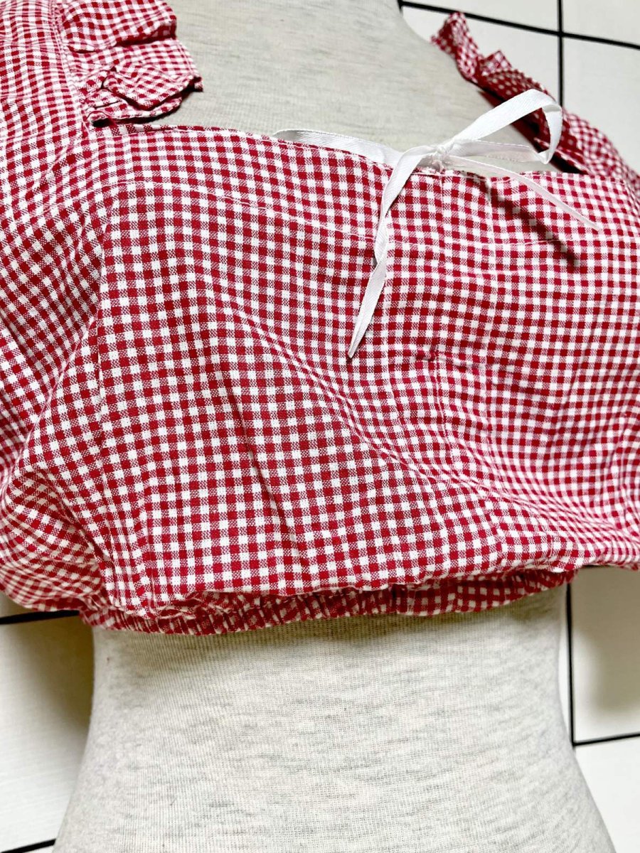 画像7: ショート丈 ギンガムチェック ウエストゴム 半袖 ディアンドル ヴィンテージブラウス ドイツ民族衣装 舞台 演奏会 フォークダンス オクトーバーフェスト (7)