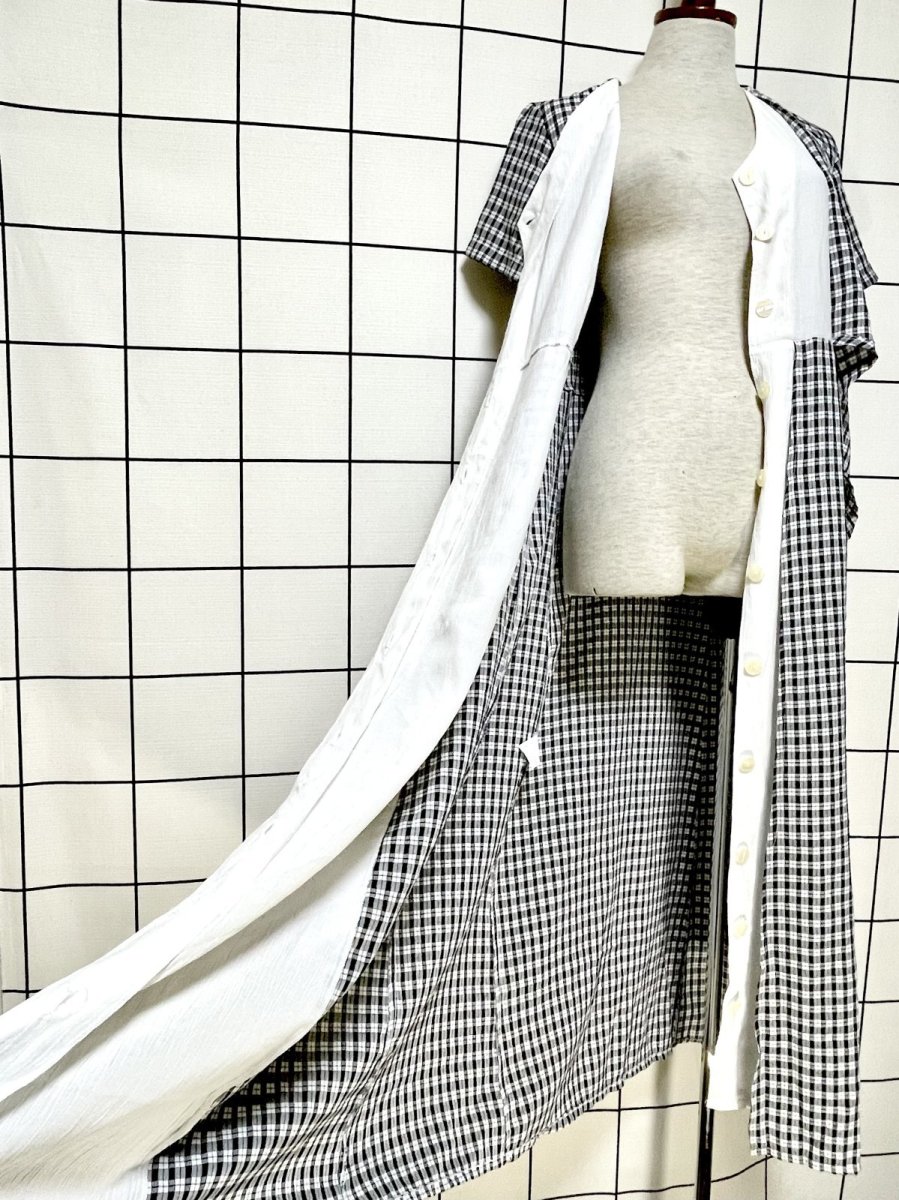 画像12: フランス古着 チェック柄 モノトーン 前開き レイヤード風 リボン レトロ ヨーロッパ ヴィンテージワンピース (12)