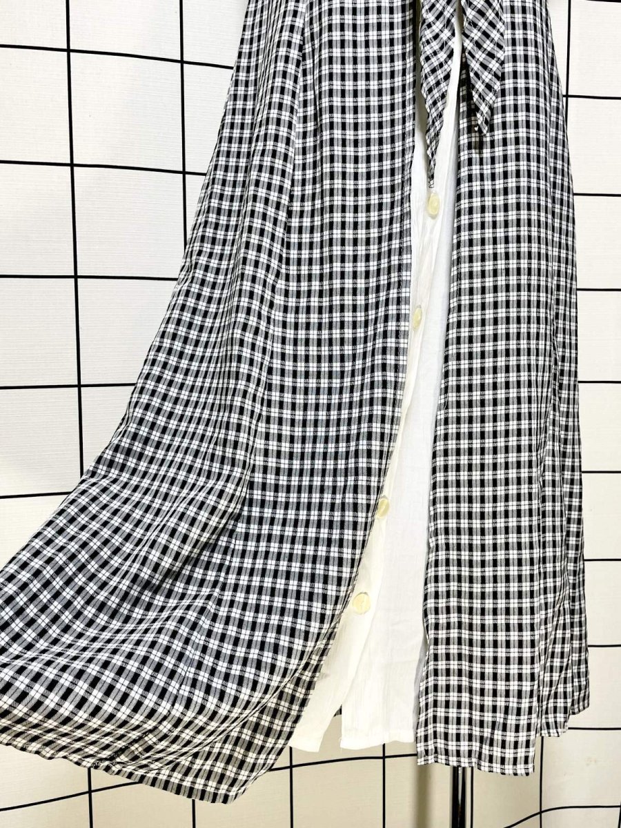 画像9: フランス古着 チェック柄 モノトーン 前開き レイヤード風 リボン レトロ ヨーロッパ ヴィンテージワンピース (9)