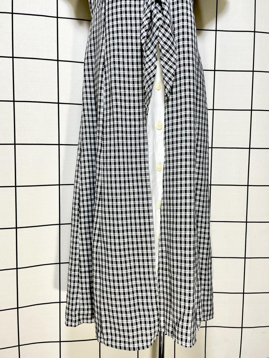画像8: フランス古着 チェック柄 モノトーン 前開き レイヤード風 リボン レトロ ヨーロッパ ヴィンテージワンピース (8)
