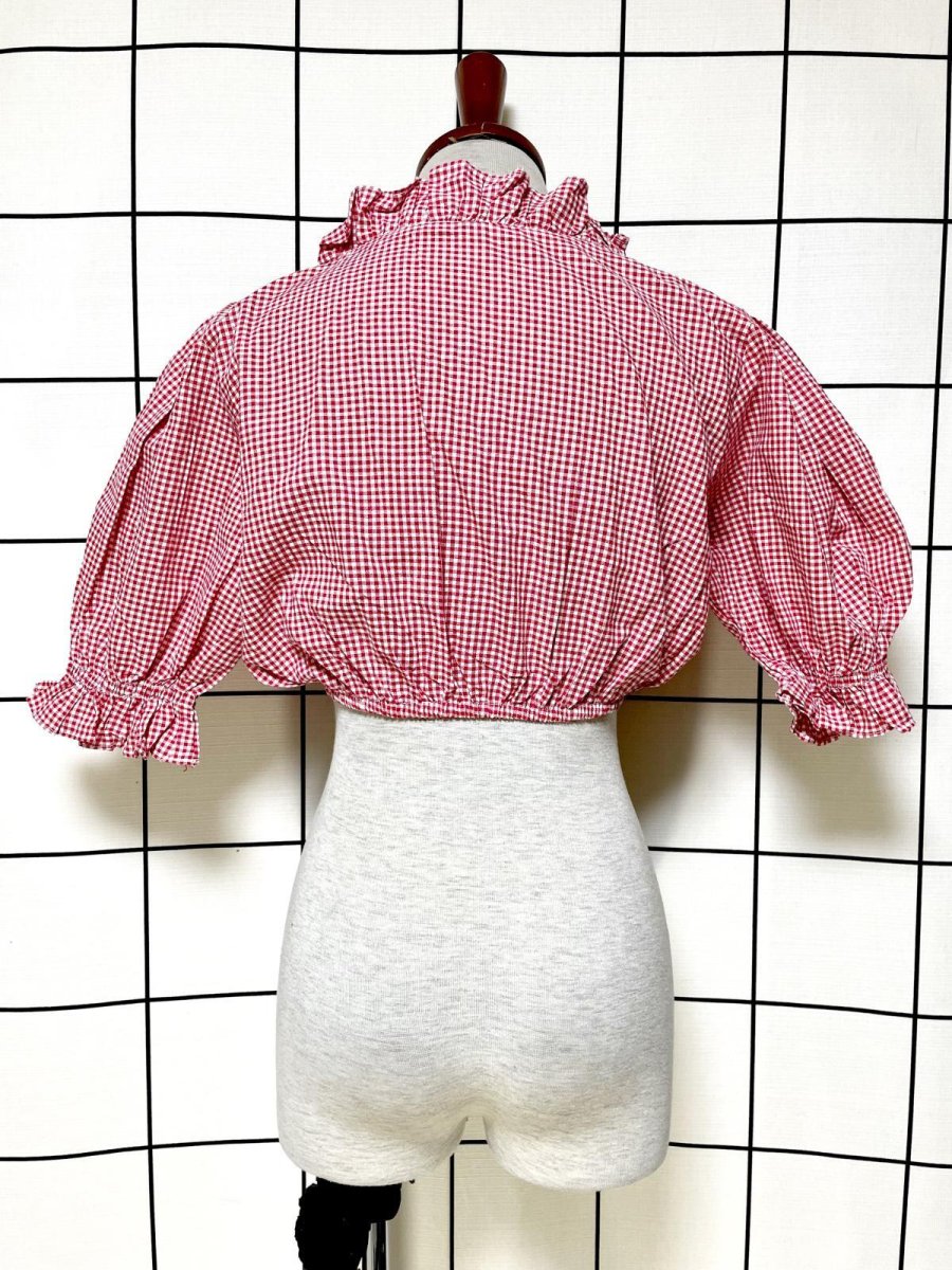 画像2: ショート丈 ギンガムチェック ウエストゴム 半袖 ディアンドル ヴィンテージブラウス ドイツ民族衣装 舞台 演奏会 フォークダンス オクトーバーフェスト (2)