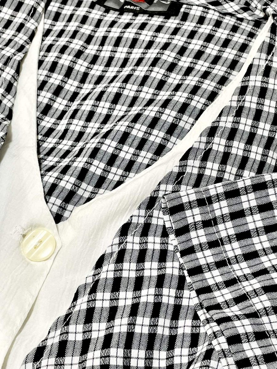 画像13: フランス古着 チェック柄 モノトーン 前開き レイヤード風 リボン レトロ ヨーロッパ ヴィンテージワンピース (13)