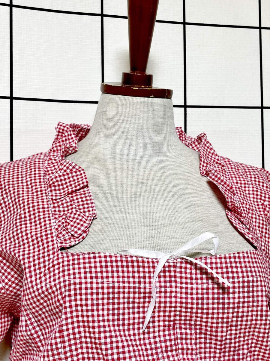 画像5: ショート丈 ギンガムチェック ウエストゴム 半袖 ディアンドル ヴィンテージブラウス ドイツ民族衣装 舞台 演奏会 フォークダンス オクトーバーフェスト (5)