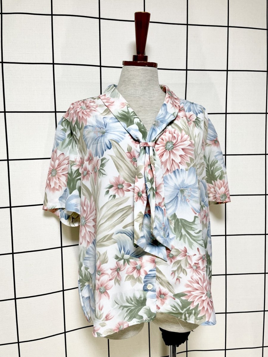 画像3: リボンタイ 花柄 レトロ USA古着 シャツ ヴィンテージブラウス (3)