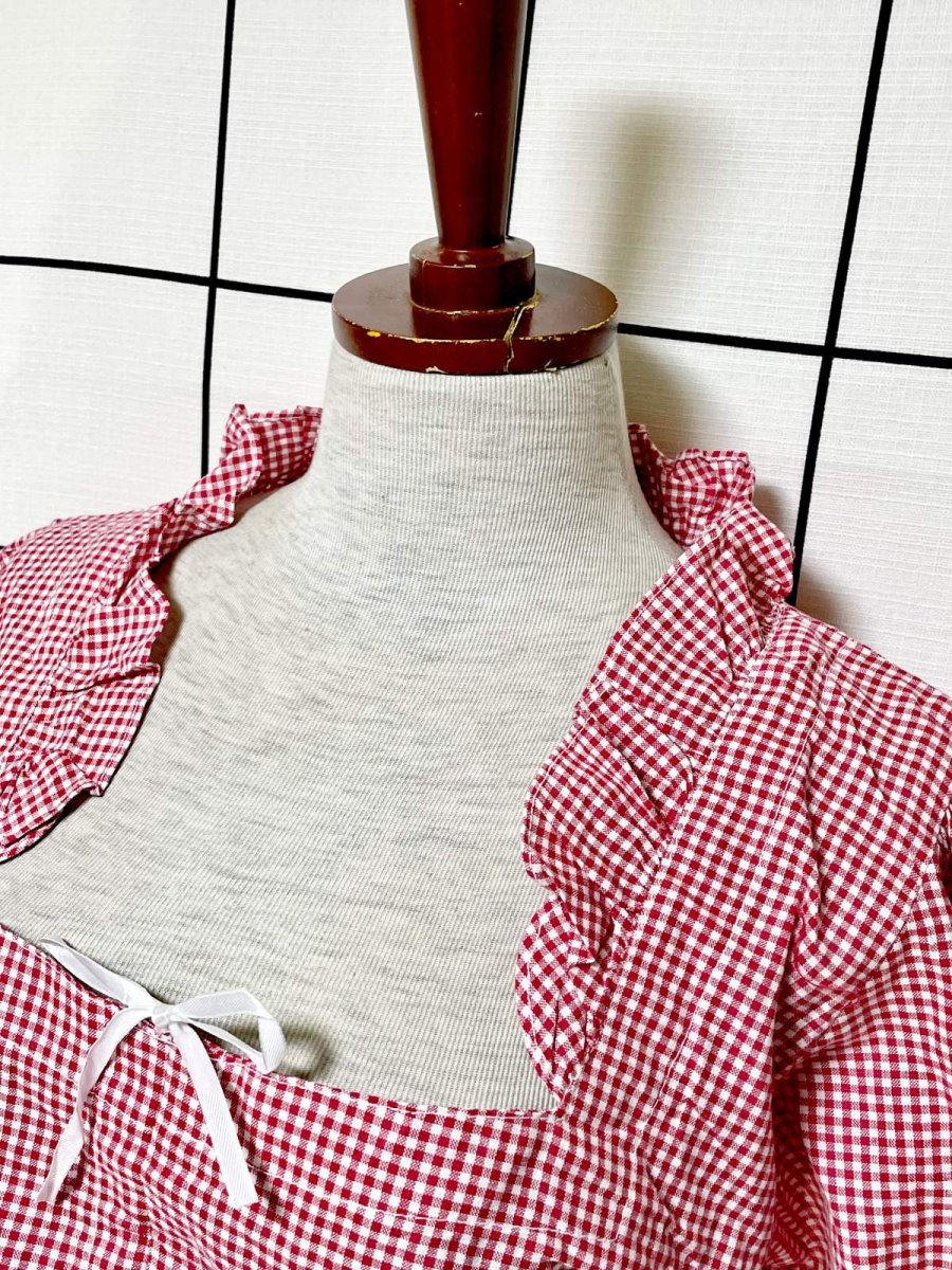 画像4: ショート丈 ギンガムチェック ウエストゴム 半袖 ディアンドル ヴィンテージブラウス ドイツ民族衣装 舞台 演奏会 フォークダンス オクトーバーフェスト (4)
