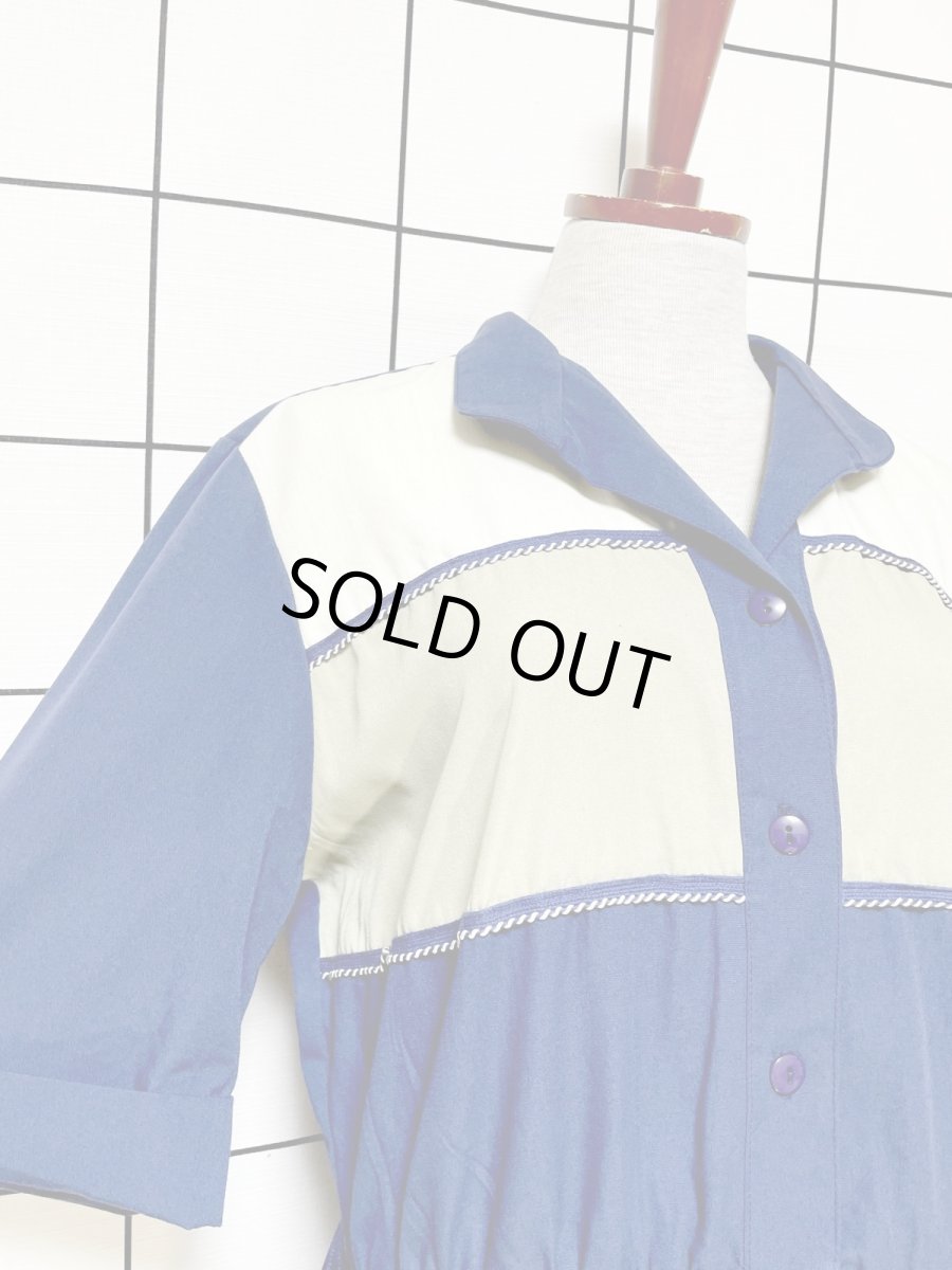 画像7: ネイビー ブレード装飾 ウエストゴム レトロ USA古着 ヴィンテージワンピース (7)