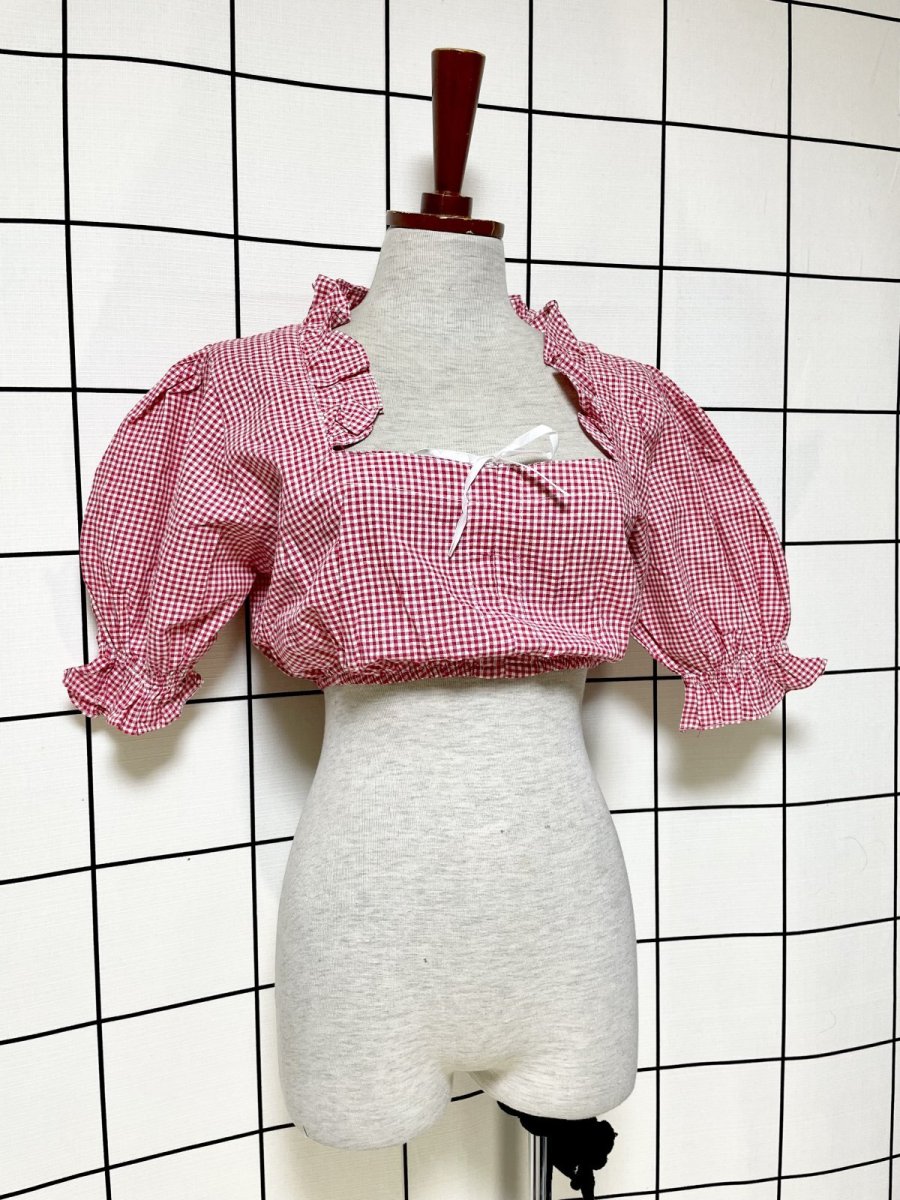 画像3: ショート丈 ギンガムチェック ウエストゴム 半袖 ディアンドル ヴィンテージブラウス ドイツ民族衣装 舞台 演奏会 フォークダンス オクトーバーフェスト (3)