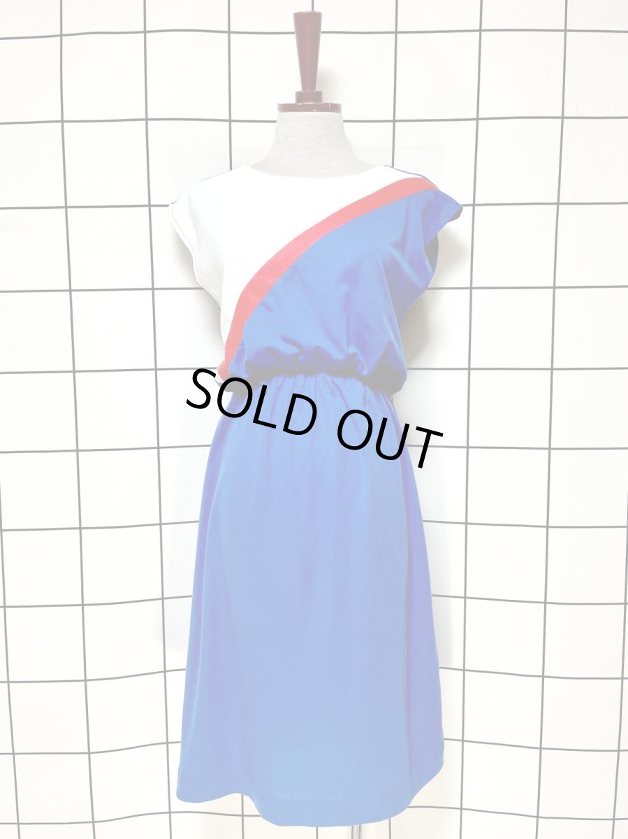 画像1: トリコロール 斜めストライプ ウエストゴム レトロ USA古着 ヴィンテージワンピース (1)