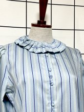 画像5: プリーツ襟 ライトブルー ストライプ シャツ レトロ USA古着 ヴィンテージブラウス (5)