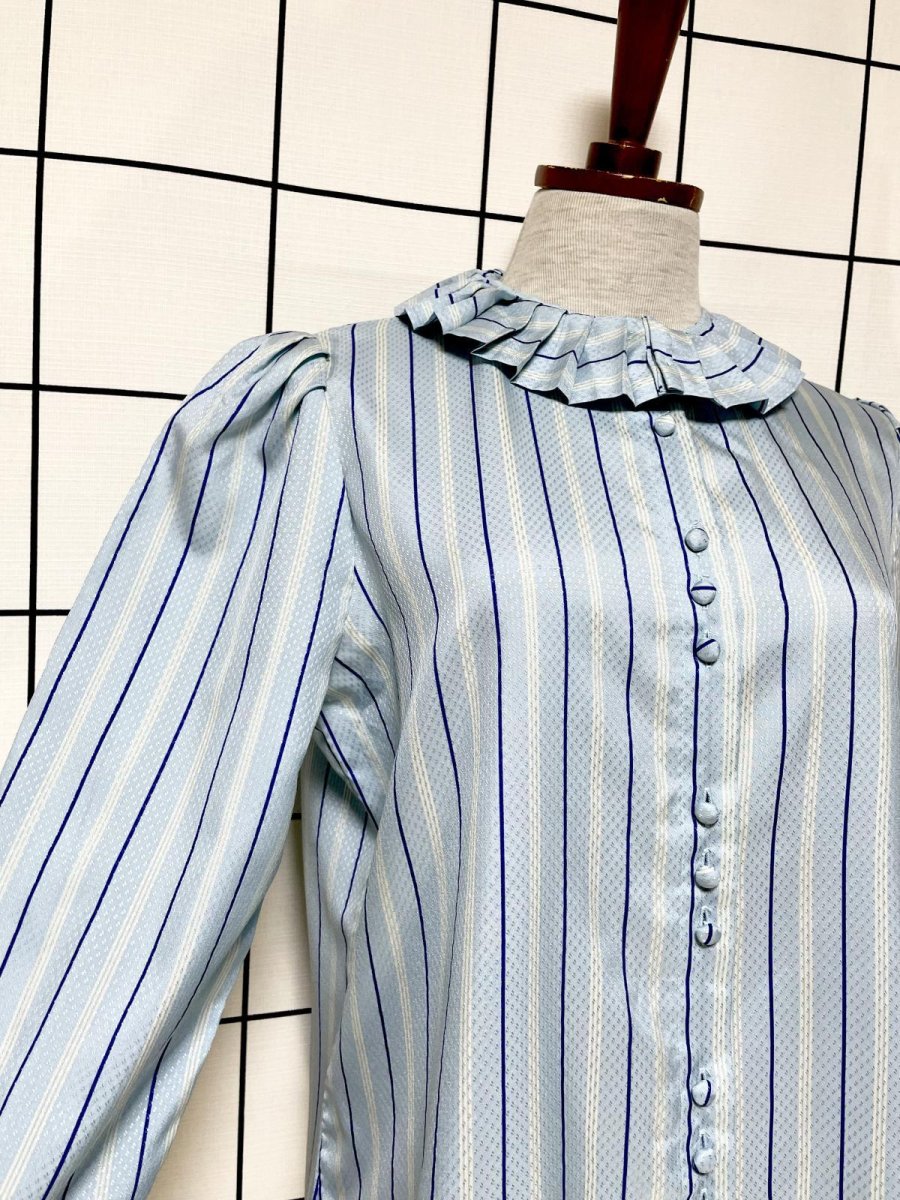 画像6: プリーツ襟 ライトブルー ストライプ シャツ レトロ USA古着 ヴィンテージブラウス (6)