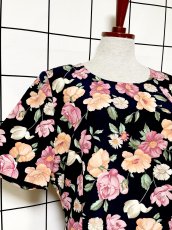 画像6: 花柄 ティアード プリーツ切り替え ネイビー レトロ ヨーロッパ古着 ヴィンテージワンピース (6)